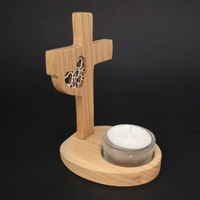 AMADEA Drevený svietnik kríž z masívneho dreva s vkladom - srdce, výška 12 cm