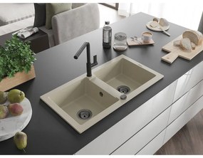 Mexen Mario, 2-komorový granitový drez 820x436x161 mm a drezová batéria Flora, béžová, 6504-69-670401-70-B