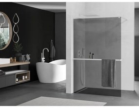 Mexen Kioto+, sprchová zástena Walk-In s poličkou a vešiakom 90 x 200 cm, 8mm šedé sklo, biely profil, 800-090-121-20-40