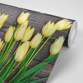 Samolepiaca fototapeta žlté tulipány na drevenom podklade - 375x250