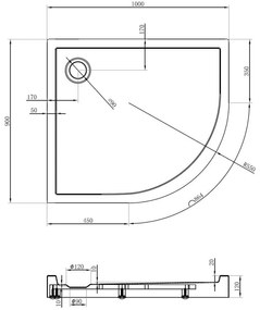 Mexen Flow+, štvrťkruhová asymetrická sprchová vanička, ľavá, 100 x 90 cm, biela lesklá, 46Q109010LH