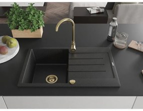 Mexen Bruno, drez granitový 795x495x200 mm, 1-komorový, čierna-strieborná metalíza so zlatým sifónom, 6513791010-73-G