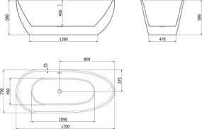 Mexen Eos, voľne stojaca vaňa 170 x 75 cm, biela, brúsený grafit prepad, 52471707500-95