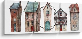Obraz - Akvarelové domčeky (s hodinami) (90x30 cm)