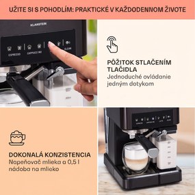Klarstein Arabica Comfort  kávovar s portafiltrom, 1350 W, 20 bar, 1,8 l, dotykový ovládací panel