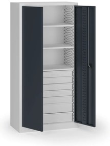 Policová dielenská skriňa 2-dverová, 3 police + 7 zásuviek, 1950 × 950 × 500 mm, grafitové dvere