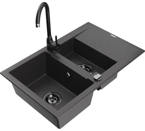 Mexen Gaspar, granitový drez 737x475x177 mm, 1,5-komorový a čierna batéria Telma, čierna škvrnitá, 6507-76-670200-70-B