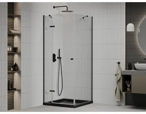 Mexen Roma, sprchovací kút s 1-krídlovými dverami 80 (dvere) x 80 (stena) cm, 6mm číre sklo, čierny profil, slim sprchová vanička 5cm čierna s čiernym sifónom, 854-080-080-70-00-4070B