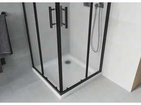 Mexen Rio, štvorcový sprchovací kút s posuvnými dverami 70(dvere) x 70(dvere) x 190 cm, 6mm sklo námraza, čierny profil + biela sprchová vanička SLIM, 860-070-070-70-30-4010B