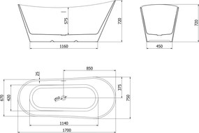 Mexen Dora, voľne stojaca vaňa 170 x 75 cm, biela/čierna, prepad brúsený grafit, 52071707575-66