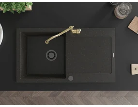 Mexen Leo, granitový drez 900x500x190 mm, 1-komorový a drezová batéria Carla, čierna-zlatá metalíza, 6501-75-670700-50-B