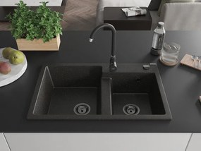Mexen Tomas, granitový drez 800x500x190 mm, 2-komorový, čierna-zlatá metalíza s čiernym sifónom, 6516802000-75-B
