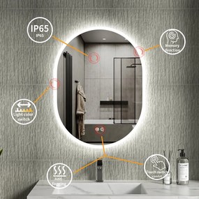 Erga Demi, oválne LED zrkadlo 60x80cm, 3 farby svetla, predné osvetlenie, vyhrievacia podložka proti zapareniu, ERG-V01-DEMI-6080-CL