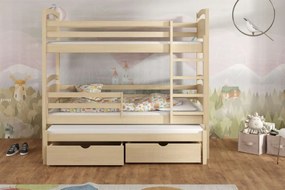 Detská poschodová posteľ z masívu borovice OLÍVIE s prístelkou a šuplíkmi - 200x90 cm - PRÍRODNÁ BOROVICA