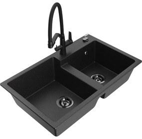 Mexen Tomas, 2-komorový granitový drez 800x500x190 mm a kuchynská batéria Duo, čierna-strieborná metalíza, 6516-73-671701-70-B