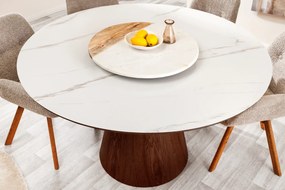 Jedálenský stôl UNIQUE 120 cm okrúhly, orechové drevo, dyhovaná keramika, doska z bieleho mramoru