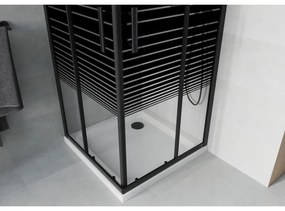 Mexen Rio, štvorcový sprchovací kút s posuvnými dverami 90(dvere) x 90(dvere) x 190 cm, 6mm číre sklo s pásikmi, čierny profil + biela sprchová vanička SLIM, 860-090-090-70-20-4010B