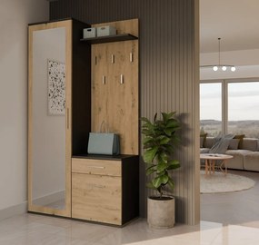 Predsieňová stena so zrkadlom a šuplíkmi DUO dub artisan/antracit