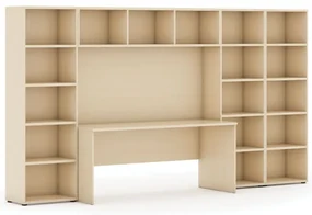 Zostavy knižníc INTEGRO so stolom, nižšie/širšie, 3350 x 700/400 x 1923 mm, breza