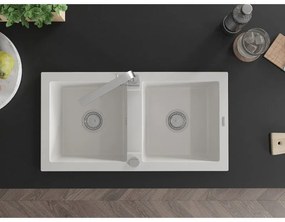 Mexen Mario, granitový drez 820x436x161 mm, 2-komorový, biela s chrómovým sifónom a chrómová drezová batéria Rita, 6504-20-670300-00
