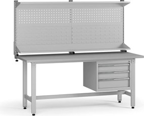 Výškovo nastaviteľný dielenský stôl G5 s nadstavbou, 1800 x 750 x 800-1000 mm, 1x kontajner, 3 zásuvky, sivá