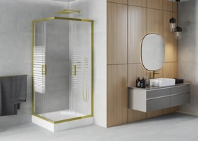Mexen Rio, štvorcový sprchovací kút s posuvnými dverami 90(dvere) x 90(dvere) x 190 cm, 6mm číre sklo s pásikmi, zlatý profil + biela sprchová vanička RIO, 860-090-090-50-20-4510