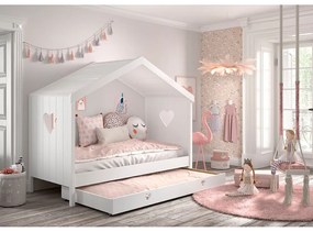 Biela domčeková detská posteľ z borovicového dreva s výsuvným lôžkom a úložným priestorom 90x200 cm AMORI – Vipack