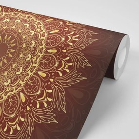 Samolepiaca tapeta zlatá Mandala na bordovom pozadí - 300x200