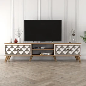 TV stolík/skrinka Clara (Orech + Biela). Akcia -18%. Vlastná spoľahlivá doprava až k Vám domov. 1071852