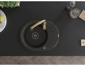 Mexen Kevin, granitový drez 586x458x190 mm, 1-komorový a drezová batéria Savita, čierna-zlatá metalíza, 6517-75-672601-50-B