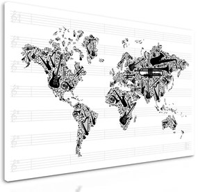 Obraz mapa sveta s hudobným motívom v čiernobielom prevedení