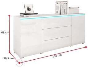 Komoda AMALIE, 150x68x39,5, biela/biela lesk + LED