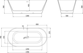 Mexen Luna, Slim voľne stojaca vaňa 170 x 75 cm, biela, chrómový prepad, 52041707500-01