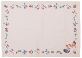 Bavlnený krémový vzorovaný obrus ako stolová podložka s lemovaním kvetov s motívom kohúta a sliepky 50 x 35 cm Clayre & Eef 35619