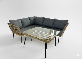 Garden Line ZÁHRADNÝ NÁBYTOK (ROHOVÁ SEDACIA SÚPRAVA, STÔL) – HNEDÁ, VANKÚŠE – ŠEDÁ *3354