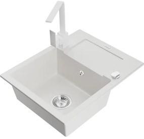 Mexen Enzo, granitový drez 576x465x174 mm, 1-komorový a biela batéria Rita, biela, 6506-20-670300-20