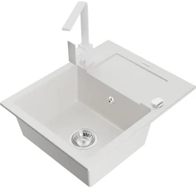 Mexen Enzo, granitový drez 576x465x174 mm, 1-komorový a biela batéria Rita, biela, 6506-20-670300-20