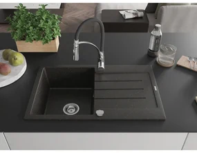 Mexen Bruno, 1-komorový granitový drez 795x495x200 mm a drezová batéria Aster, čierna-zlatá metalíza, 6513-75-73450-07