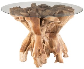 Prírodný jedálenský stôl z teakového dreva a sklenenou doskou na kmeni Raoul teak - Ø140*75cm