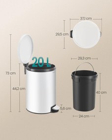 Kovový okrúhly kuchynský odpadkový kôš, 20 L, s pedálom, vyberateľné vnútorné vedro, biela