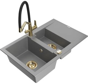Mexen Gaspar, granitový drez 737x475x177 mm, 1,5-komorový a drezová batéria Duo, šedá, 6507-71-671701-57-G