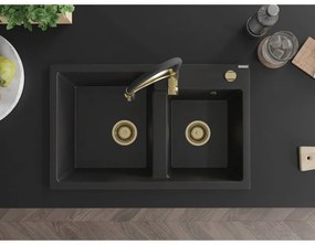 Mexen Tomas, 2-komorový granitový drez 800x500x190 mm a drezová batéria Aster, čierna, 6516-77-73450-57-G