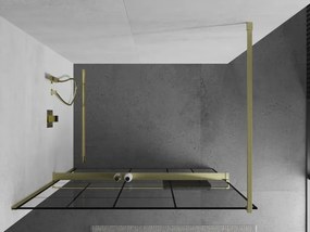 Mexen Kioto+, sprchová zástena Walk-In s poličkou a vešiakom 80 x 200 cm, 8mm číre sklo čierny vzor, zlatý matný profil, 800-080-121-55-78