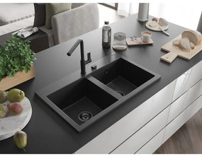 Mexen Hektor, 2-komorový granitový drez 800x480x205 mm, čierna-strieborná metalíza, grafitový sifón, 6521802000-73-B