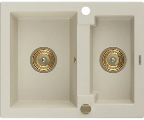 Mexen Carlos, granitový drez 582x475x177 mm, 1,5-komorový, béžová so zlatým sifónom, 6518581500-69-G
