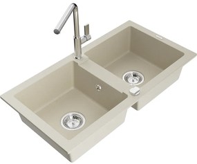 Mexen Mario, 2-komorový granitový drez 820x436x161 mm a drezová batéria Flora, béžová, 6504-69-670401-00