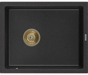 Mexen Pedro, granitový drez 560x460x200 mm, 1-komorový, čierna-strieborná metalíza so zlatým sifónom, 6508561000-73-G