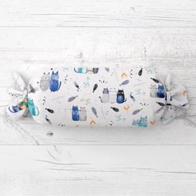 Biante Detský vankúš valec bonbon Sandra SA-653 Mačací svet modrý na bielom 15x60 cm