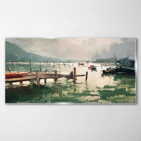 Skleneny obraz Prístav jazera lodí hôr