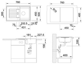 Blanco Zia 45 S, silgranitový drez 780x500x190 mm, 1-komorový, čierna, BLA-526013